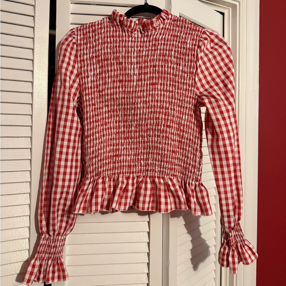 SHEIN Red Checkered Smocked Blouse